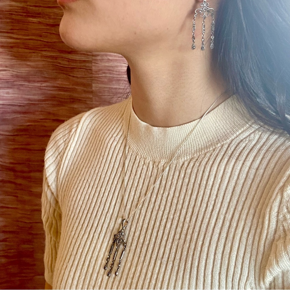 Vintage Sterling Silver Filagree Pendant Necklace and Drop Earrings Set